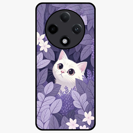 Lilac Hide Peek Cat Glass Case showing flat back view with cute peeking cat artwork and glossy glass finish.