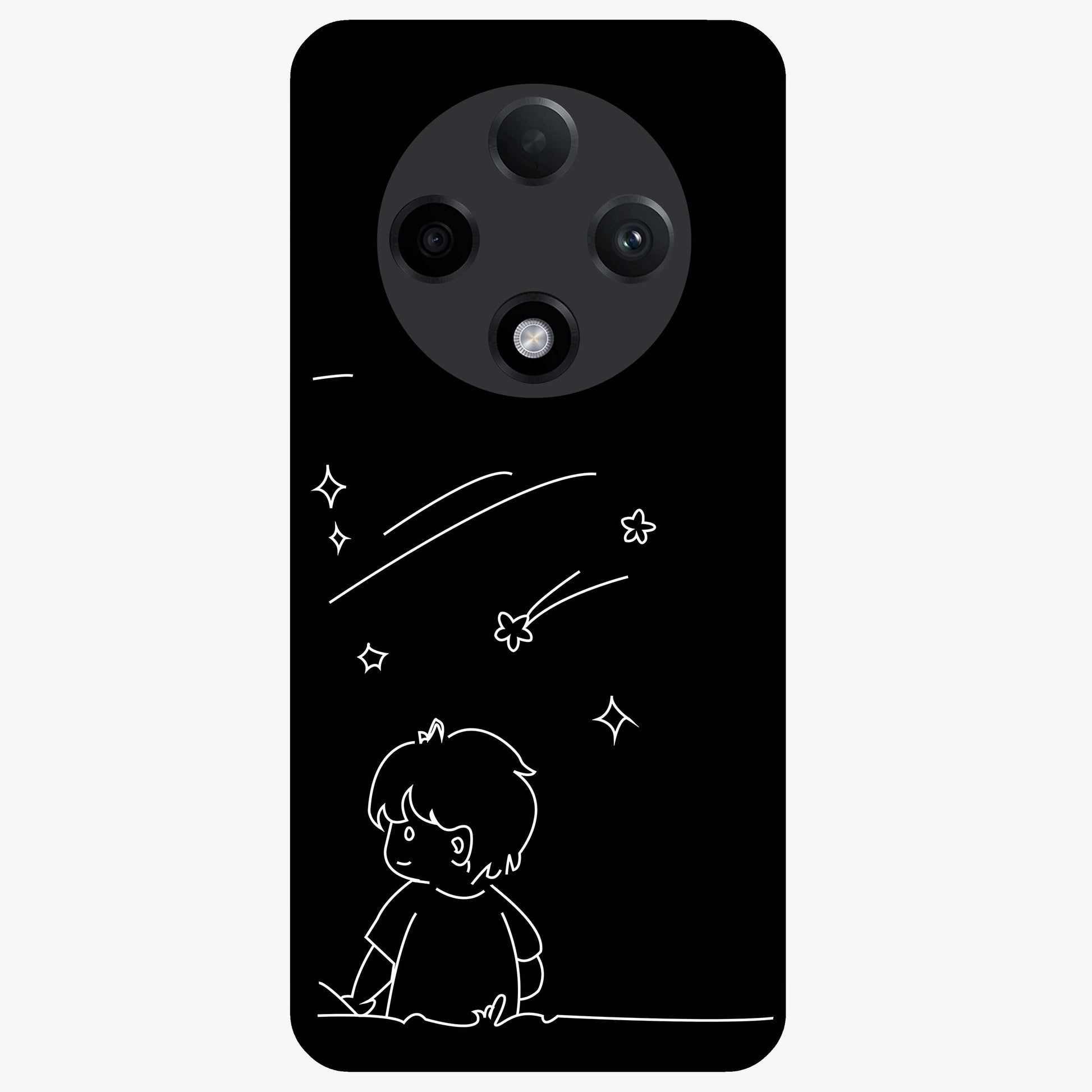 Line Art Boy With Shooting Stars Glass Case showing flat back view with minimal line art boy and shooting stars illustration and glossy glass finish.