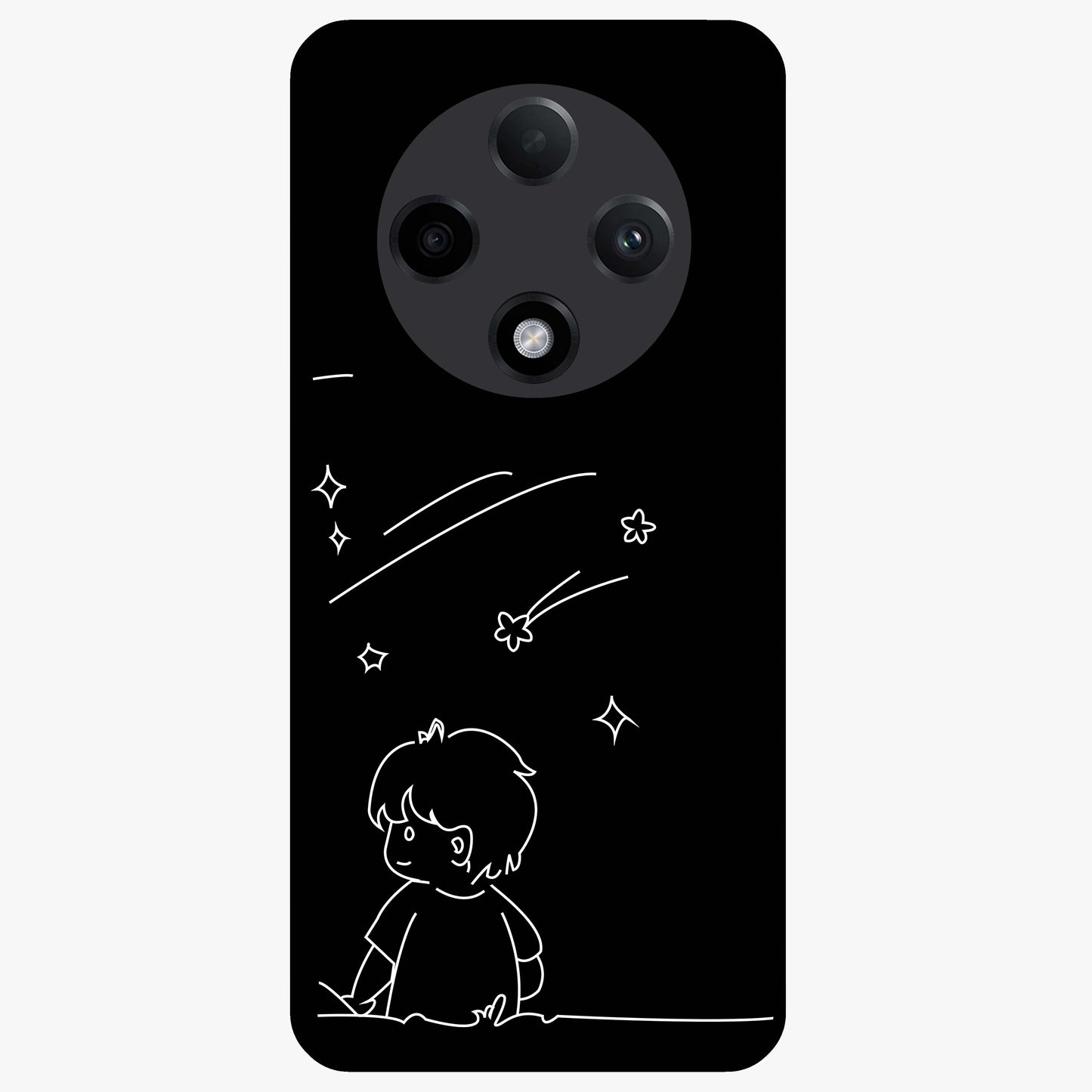 Line Art Boy With Shooting Stars Glass Case showing flat back view with minimal line art boy and shooting stars illustration and glossy glass finish.
