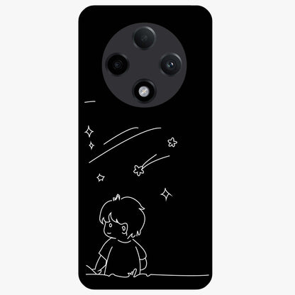 Line Art Boy With Shooting Stars Glass Case showing flat back view with minimal line art boy and shooting stars illustration and glossy glass finish.