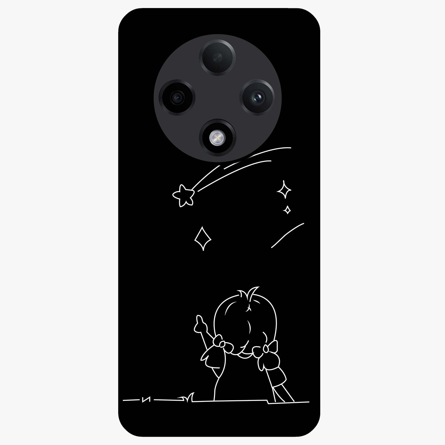 Line Art Girl With Shooting Stars Glass Case showing flat back view with minimal line art girl and shooting stars illustration and glossy glass finish.