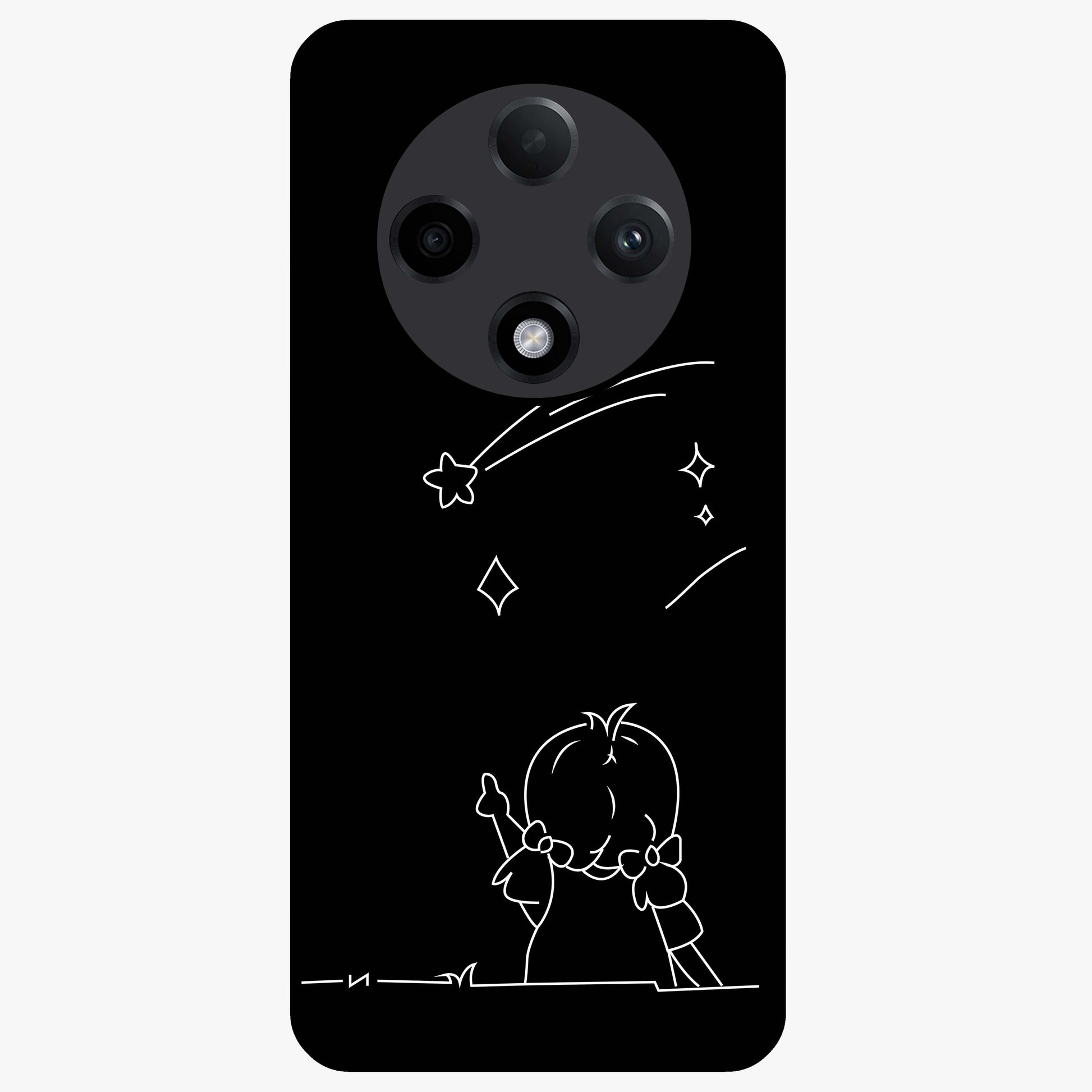 Line Art Girl With Shooting Stars Glass Case showing flat back view with minimal line art girl and shooting stars illustration and glossy glass finish.