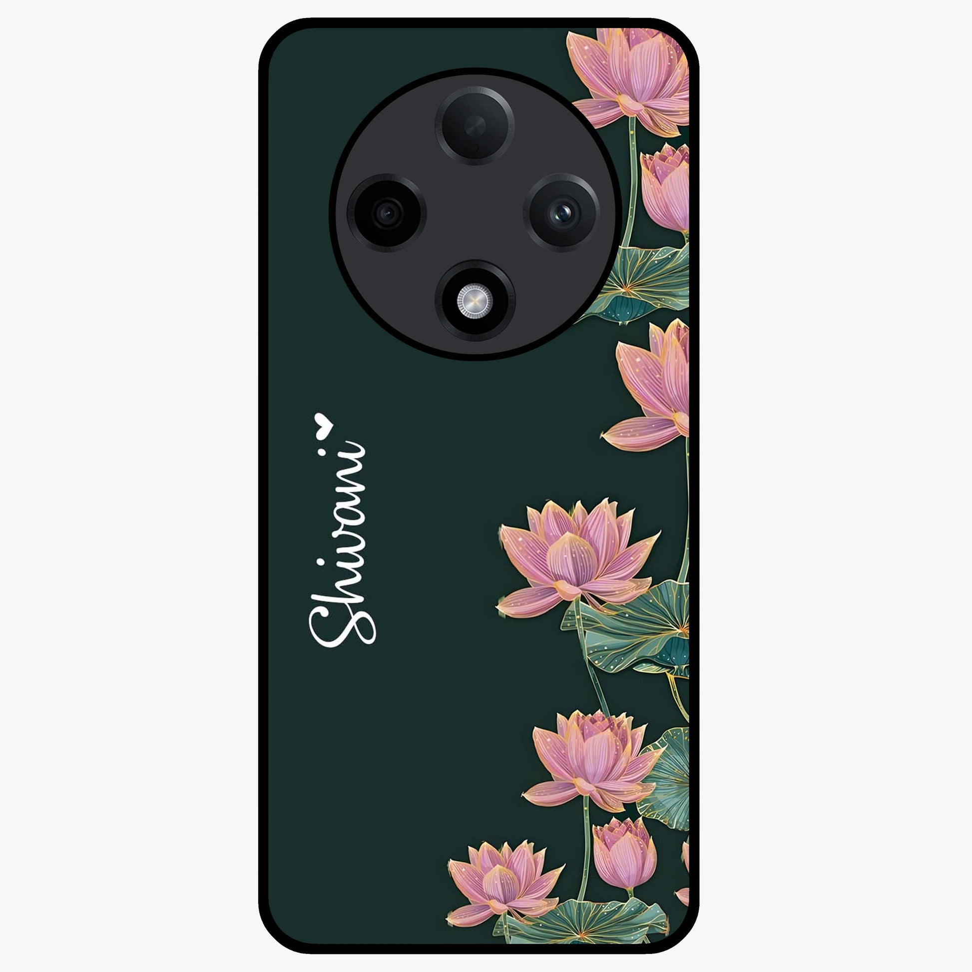 Lotus Bloom Serenity Custom Name Glass Case showing flat back view with elegant lotus flower artwork and personalized name design.