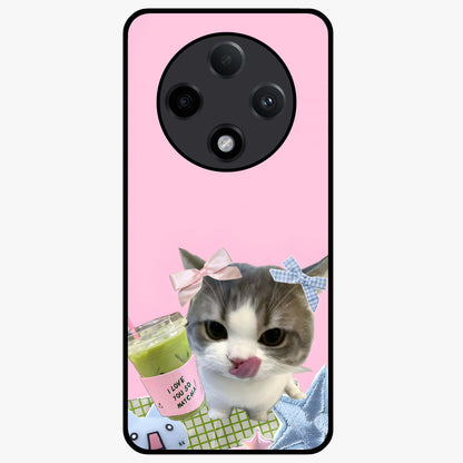Love Matcha Cat Glass Case showing flat back view with cute cat and matcha themed artwork and glossy glass finish.
