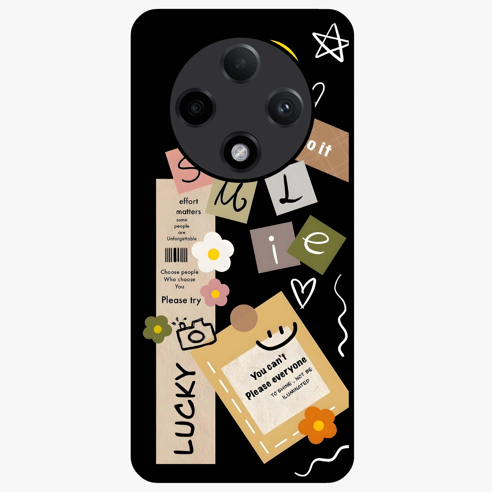 Lucky Aesthetic Collage Glass Case showing flat back view with trendy aesthetic collage artwork and glossy glass finish.