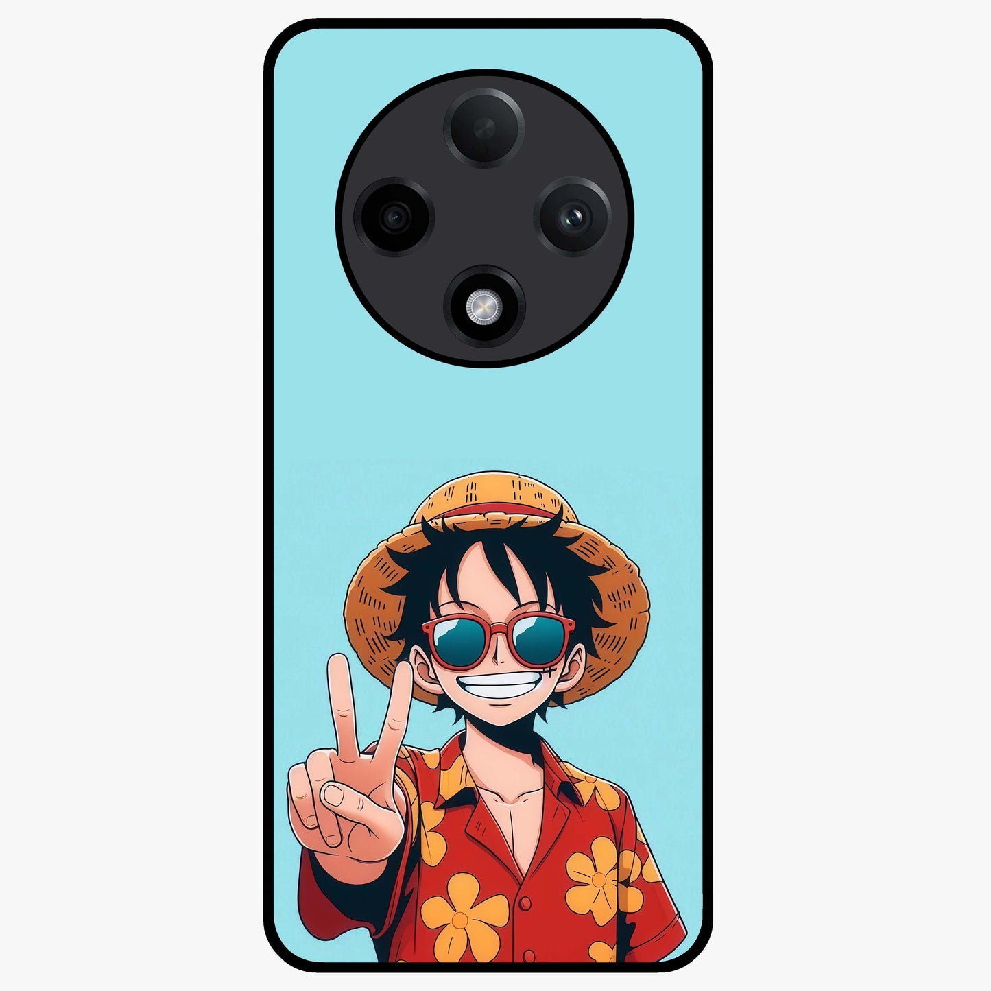 Luffy Summer Anime Vibe Glass Case showing flat back view with vibrant anime character artwork and glossy glass finish.