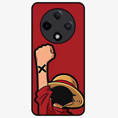 Luffy X Spirit Glass Case showing flat back view with bold anime character artwork and glossy glass finish.