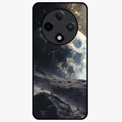 Lunar Horizon Glow Glass Case showing flat back view with glowing moon horizon artwork and glossy glass finish.