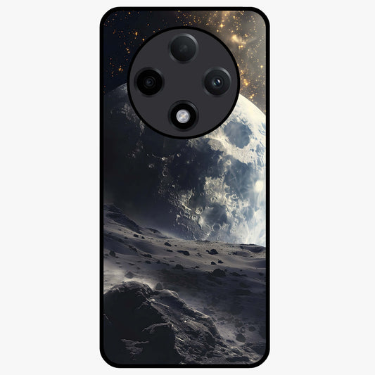 Lunar Horizon Glow Glass Case showing flat back view with glowing moon horizon artwork and glossy glass finish.