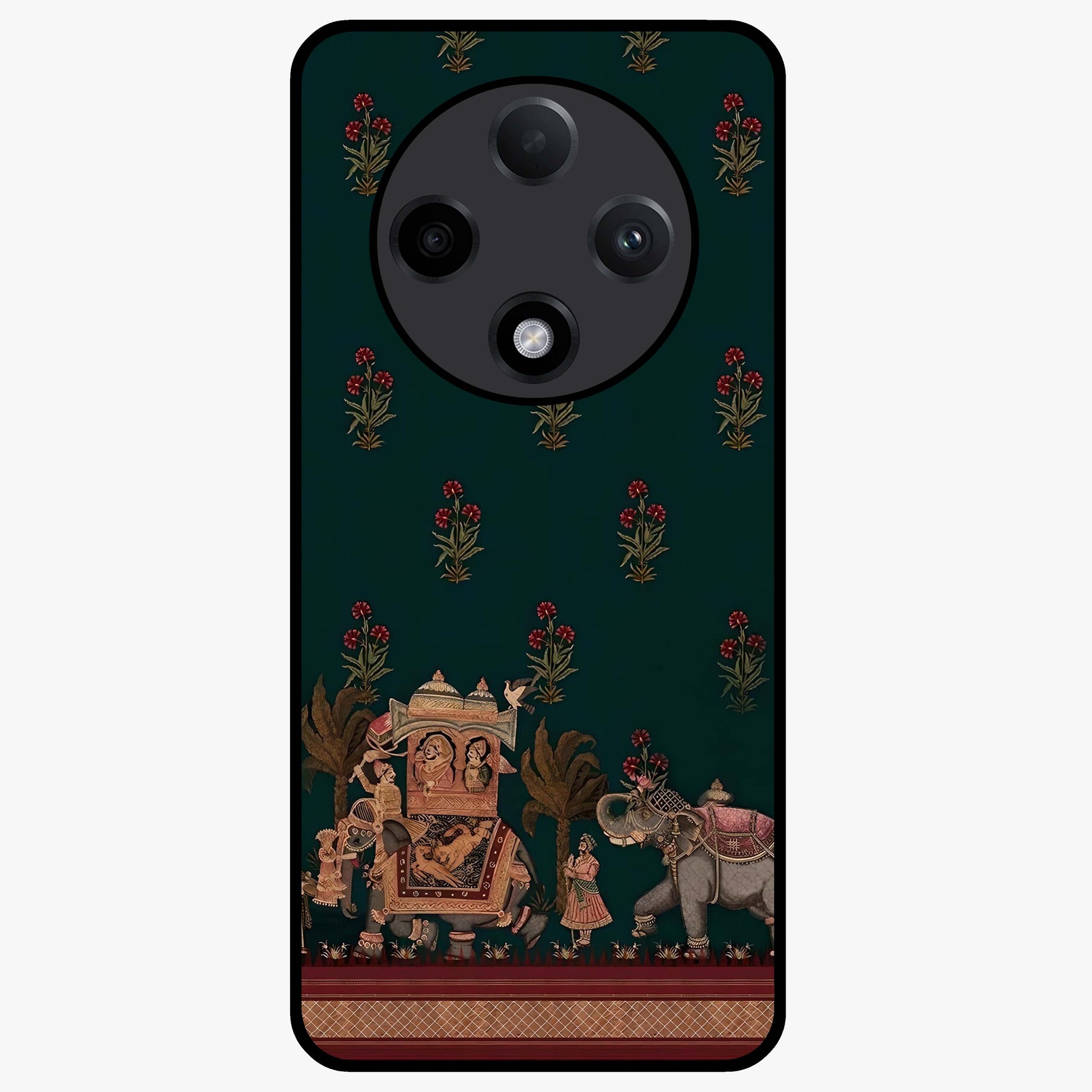 Macmerise Glass Case showing flat back view with stylish modern artwork and glossy glass finish.