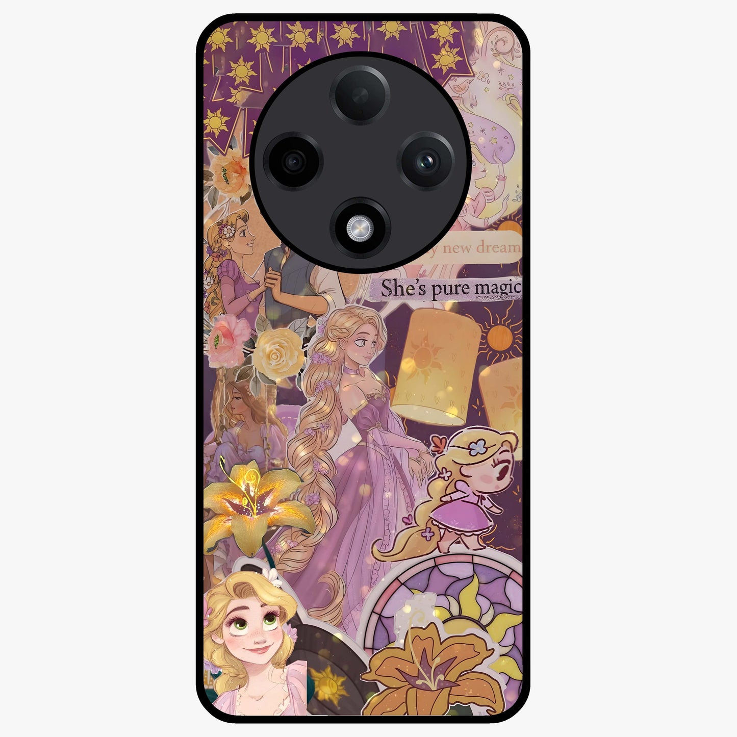 Magical Tangled Dream Glass Case showing flat back view with dreamy tangled artwork and glossy glass finish.