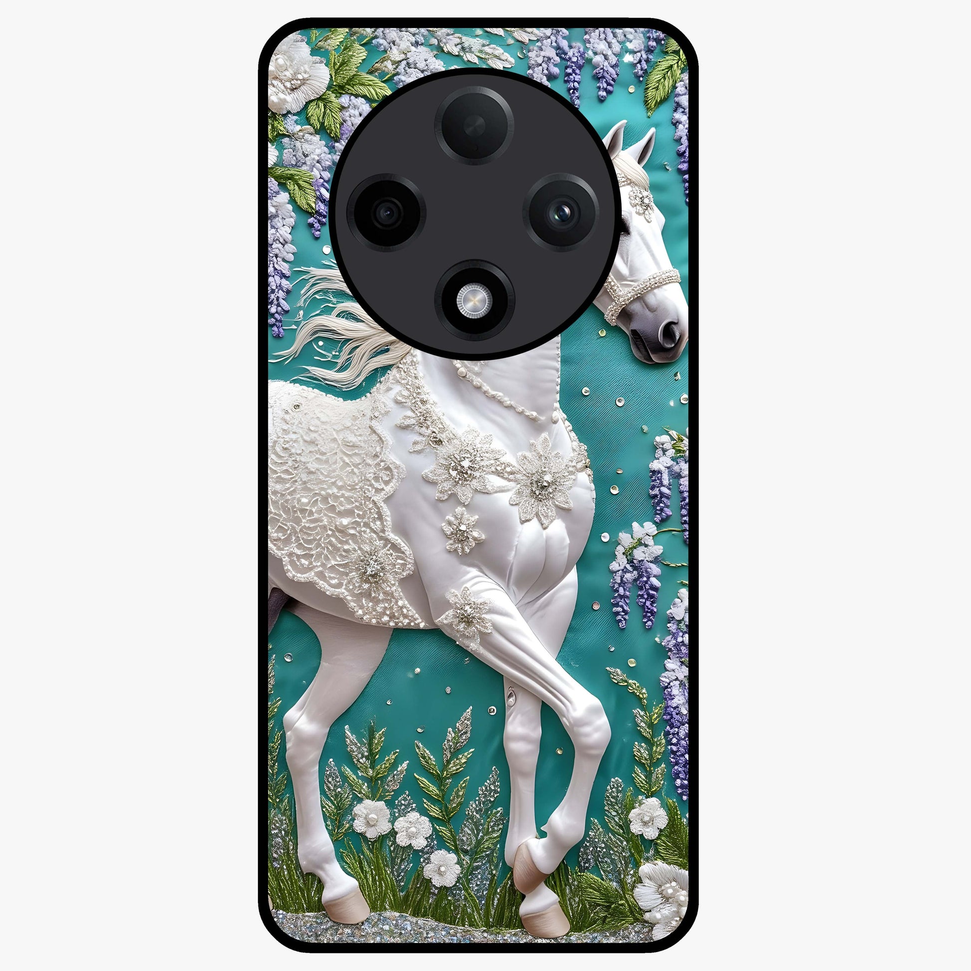 Majestic Floral Stallion Glass Case showing flat back view with powerful horse and floral artwork and glossy glass finish.