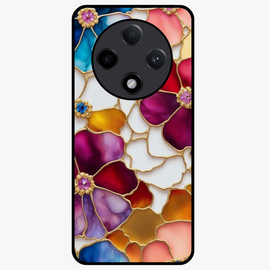 Marble Flower Pattern Glass Case showing flat back view with marble texture floral artwork and glossy glass finish.