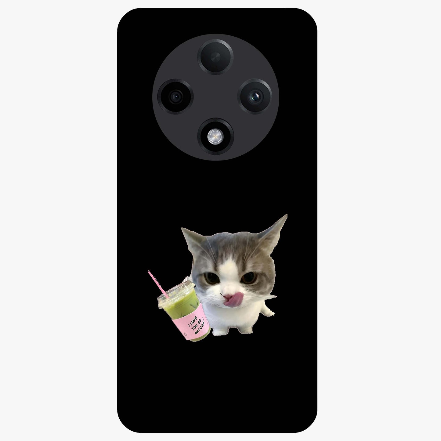 Matcha Cat Style Glass Case showing flat back view with cute matcha themed cat artwork and glossy glass finish.