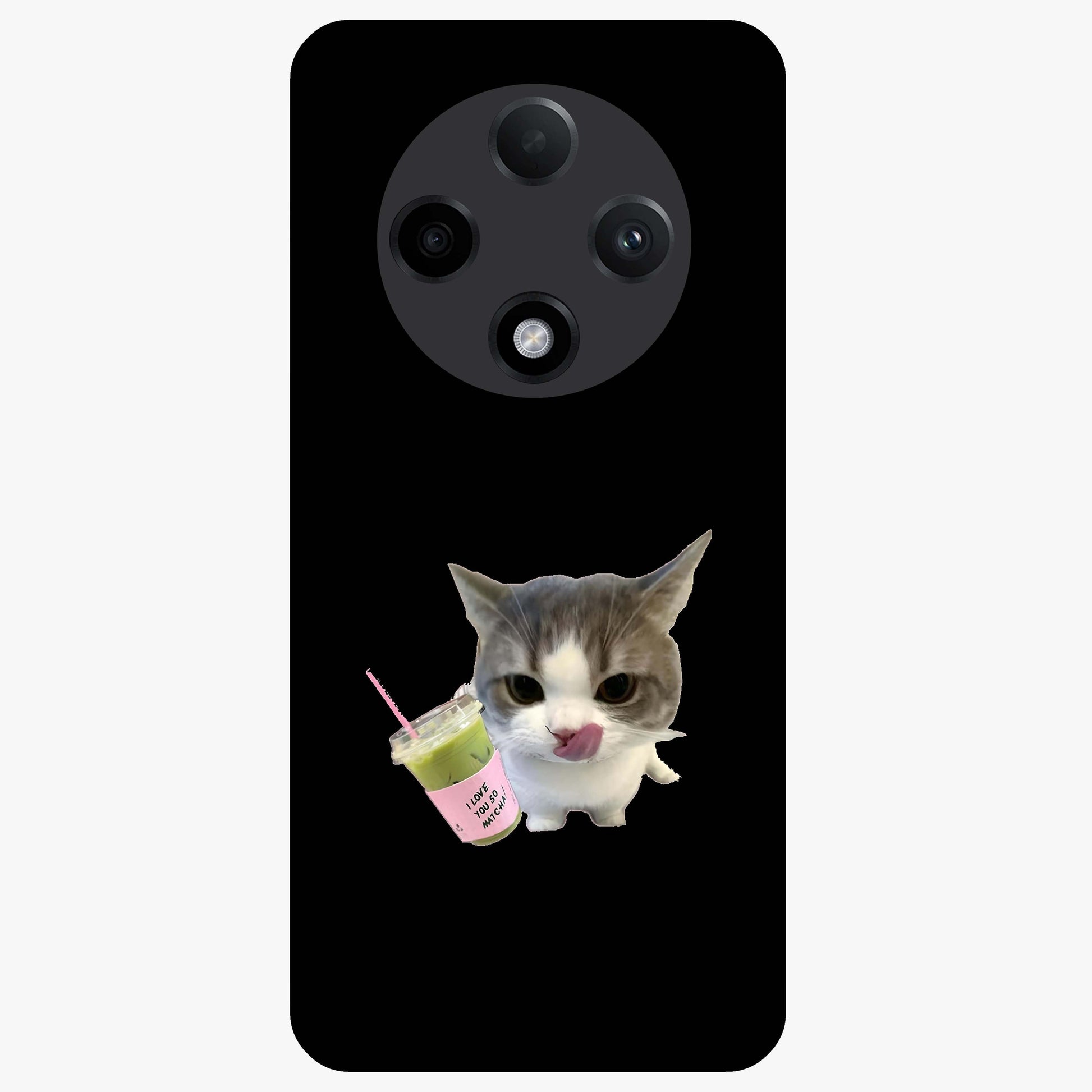 Matcha Cat Style Glass Case showing flat back view with cute matcha themed cat artwork and glossy glass finish.