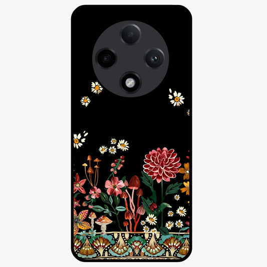 Midnight Bloom Pattern Glass Case showing flat back view with dark floral pattern artwork and glossy glass finish.