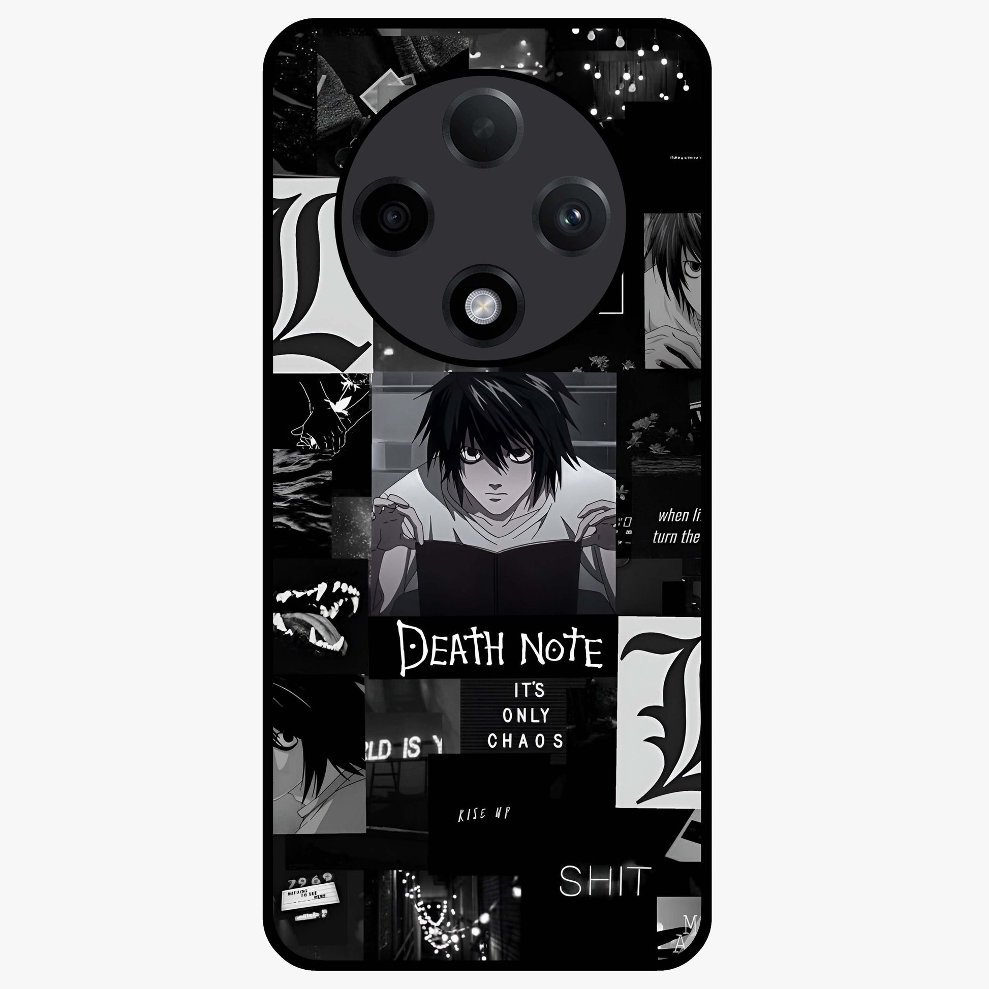 Midnight Chaos Mind Glass Case showing flat back view with abstract dark themed artwork and glossy glass finish.