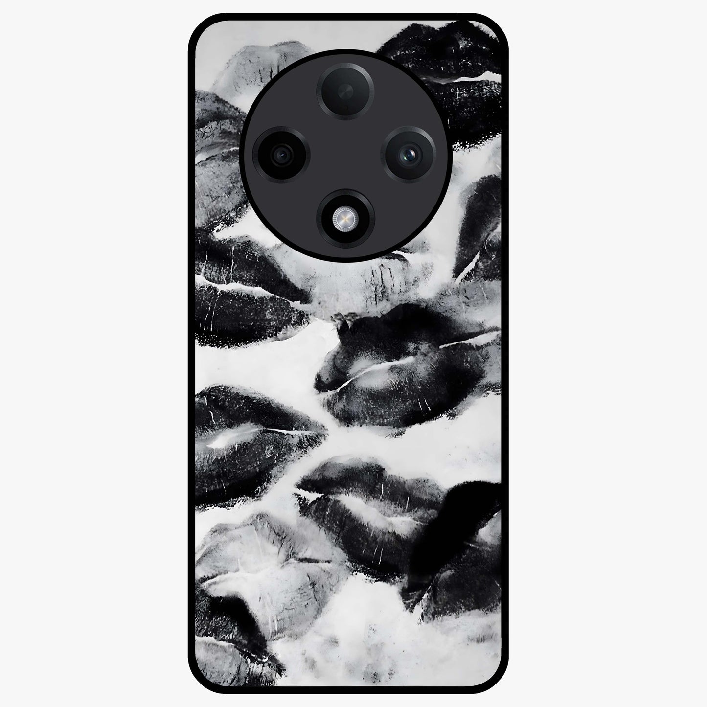 Midnight Kiss Marks Glass Case showing flat back view with lipstick kiss mark artwork and glossy glass finish.