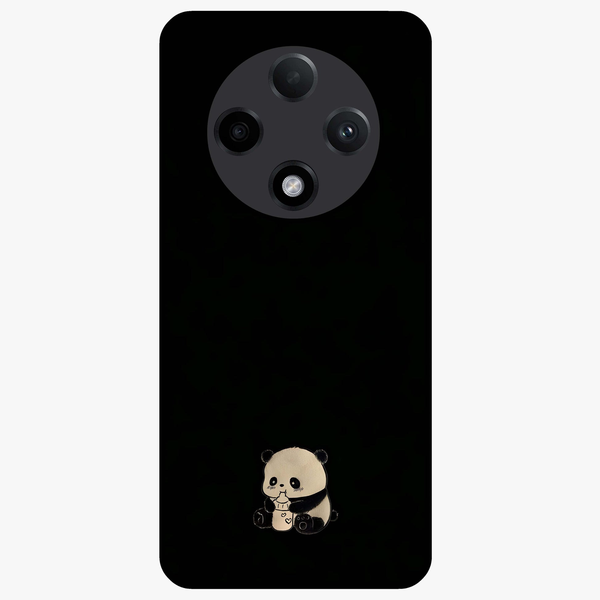 Midnight Panda Love Glass Case showing flat back view with cute panda themed artwork and glossy glass finish.