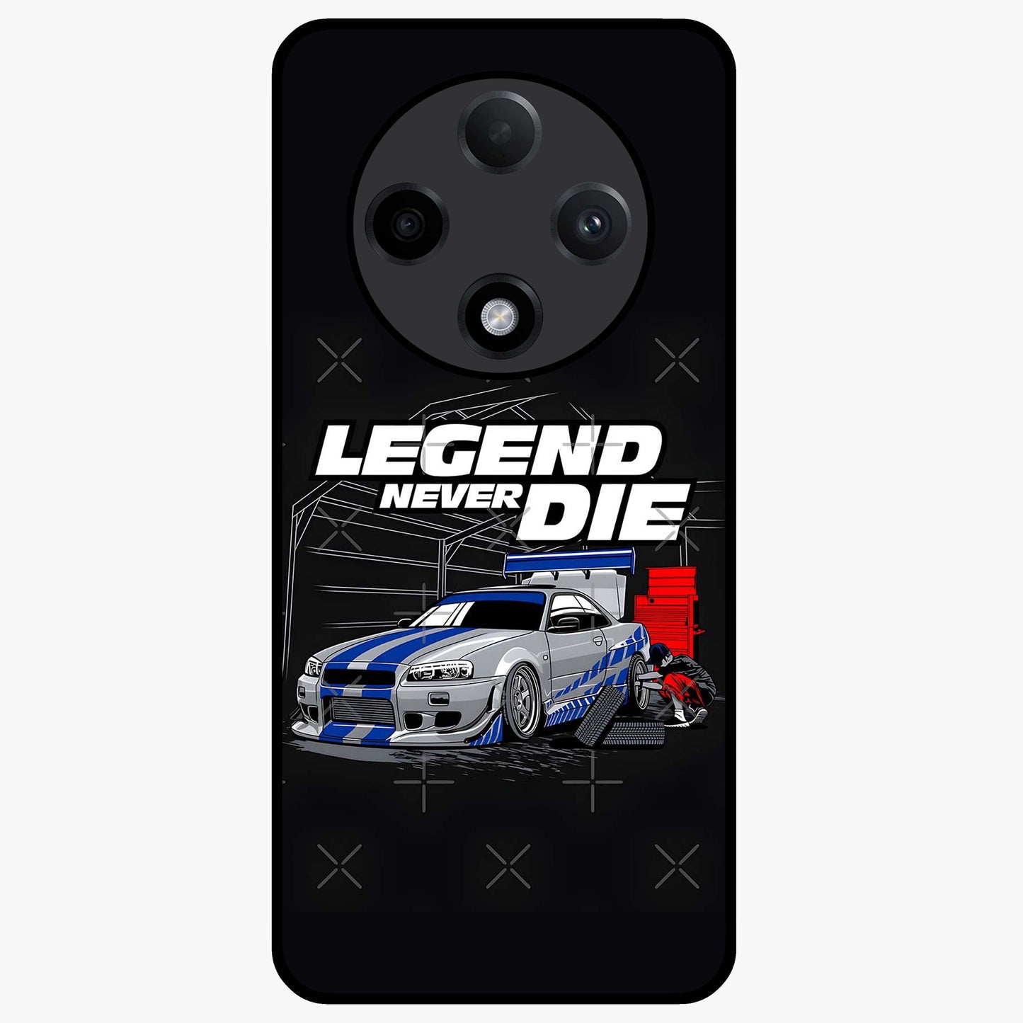 Midnight Racing Legacy Glass Case showing flat back view with sleek racing inspired artwork and glossy glass finish.