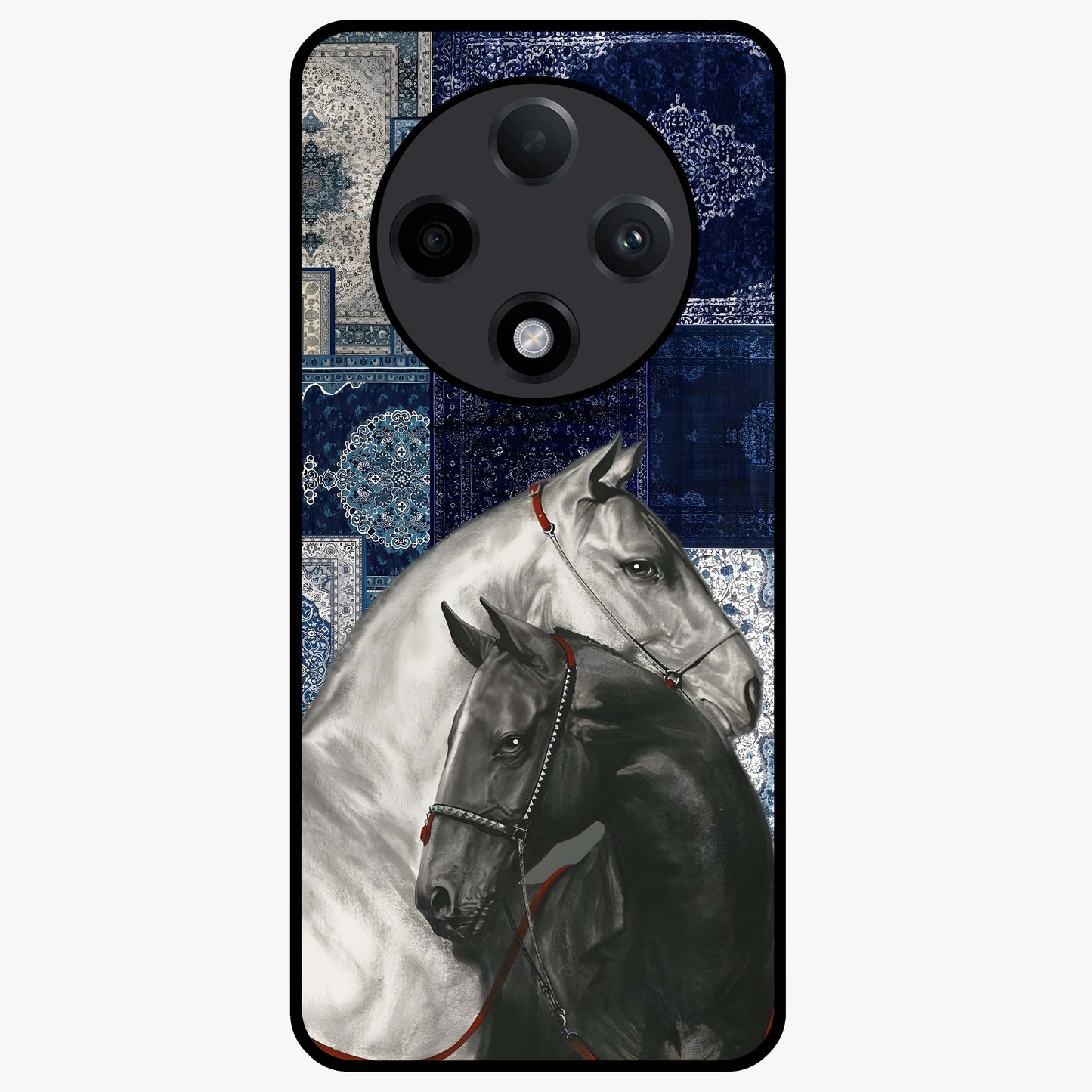 Midnight Stallion Blues Glass Case showing flat back view with majestic horse artwork and glossy glass finish.