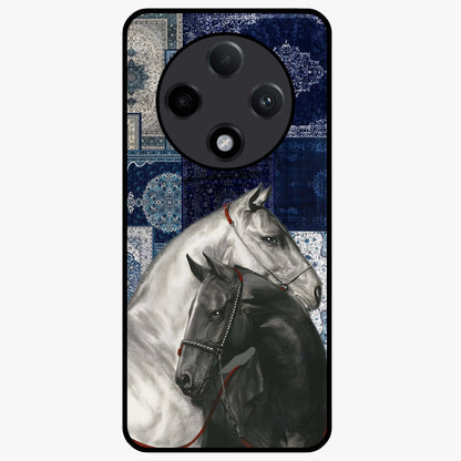 Midnight Stallion Blues Glass Case showing flat back view with majestic horse artwork and glossy glass finish.