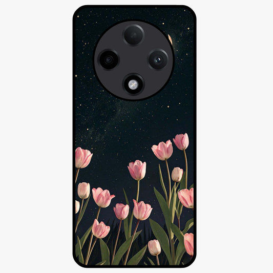 Midnight Tulip Whispers Vibe Glass Case showing flat back view with elegant tulip flower artwork and glossy glass finish.