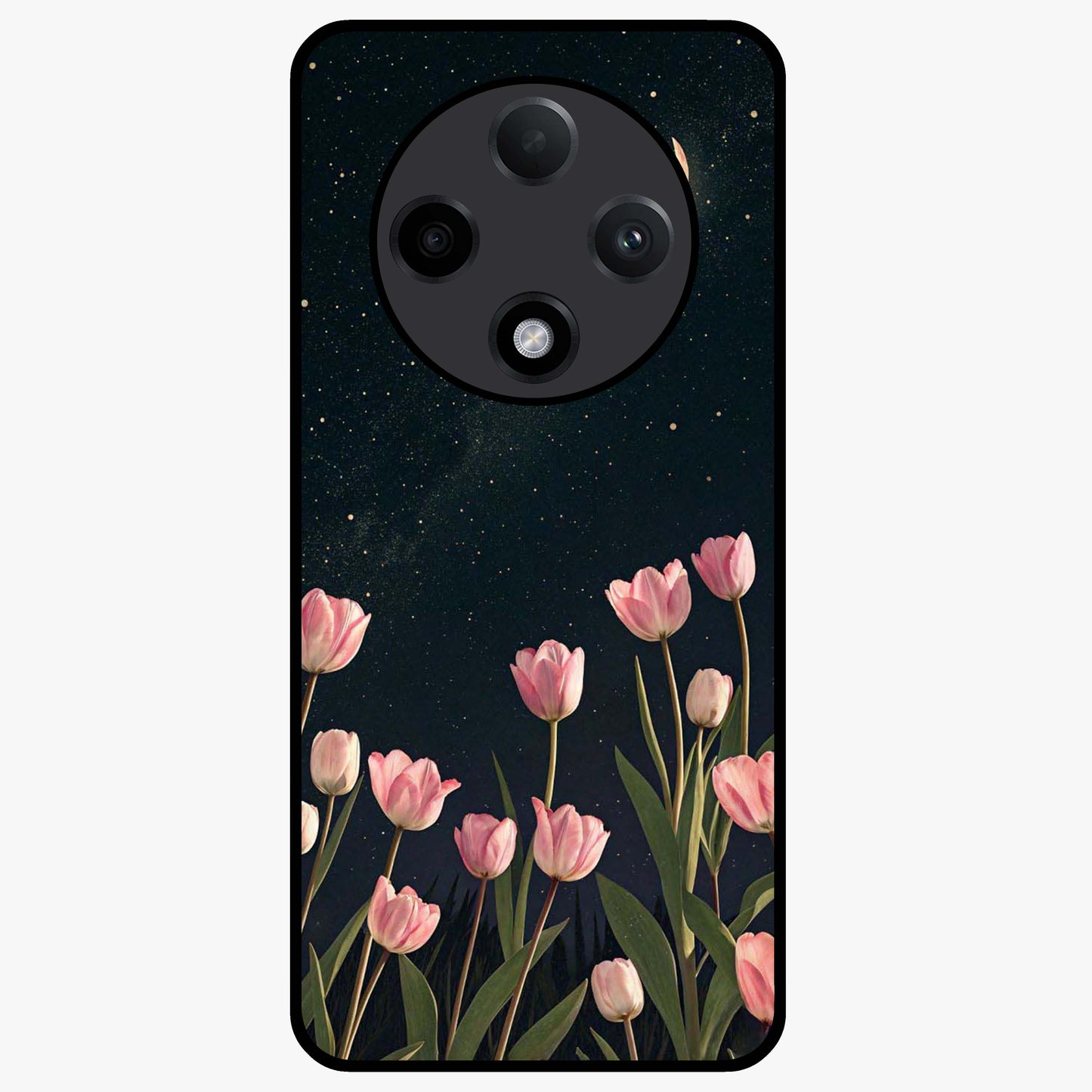 Midnight Tulip Whispers Vibe Glass Case showing flat back view with elegant tulip flower artwork and glossy glass finish.