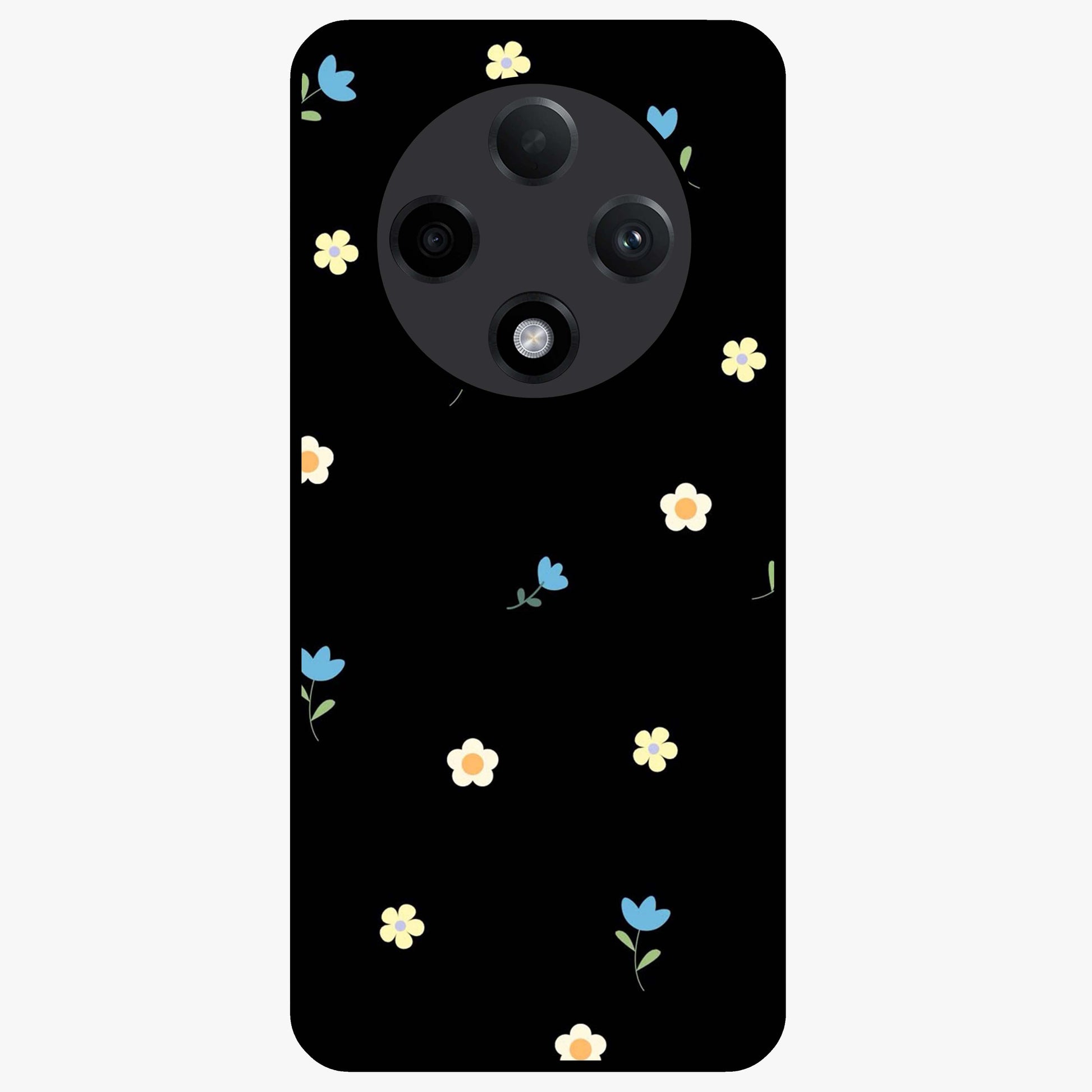 Minimalistic Blue With White Flower Pattern Glass Case showing flat back view with blue background and white flower pattern and glossy glass finish.