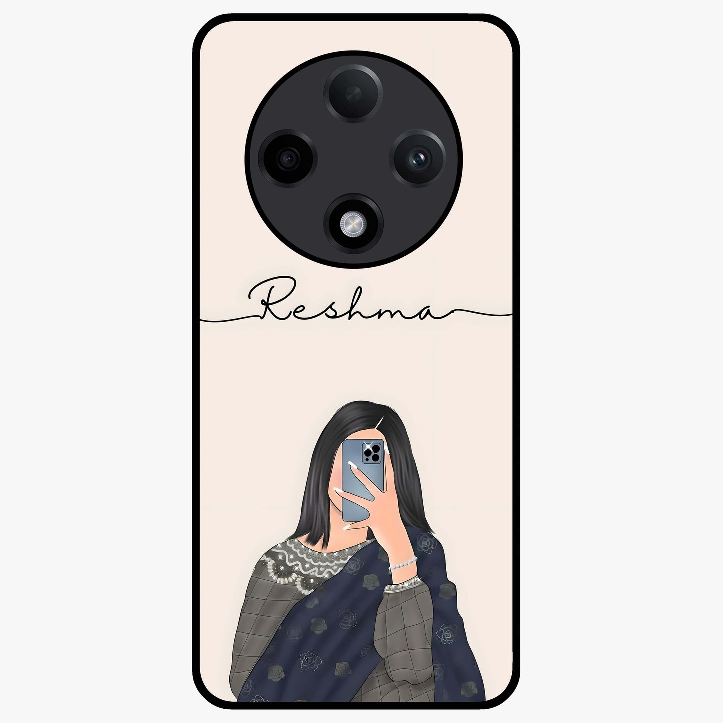 Mirror Mood Muse With Custom Name Glass Case showing flat back view with stylish mirrored artwork and personalized name design.