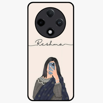 Mirror Mood Muse With Custom Name Glass Case showing flat back view with stylish mirrored artwork and personalized name design.
