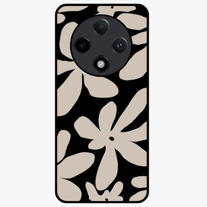 Monochrome Petal Dance Glass Case showing flat back view with monochrome floral artwork and glossy glass finish.