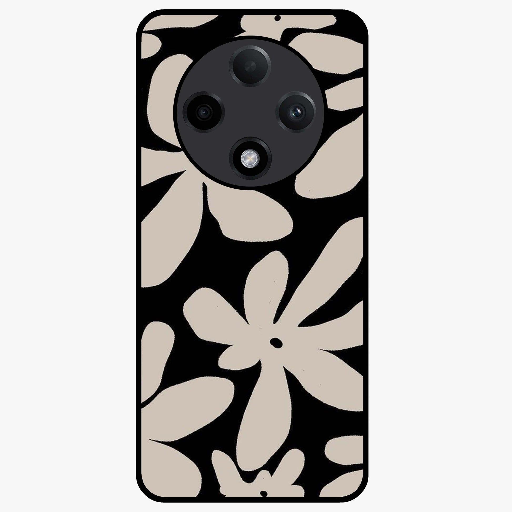 Monochrome Petal Dance Glass Case showing flat back view with monochrome floral artwork and glossy glass finish.