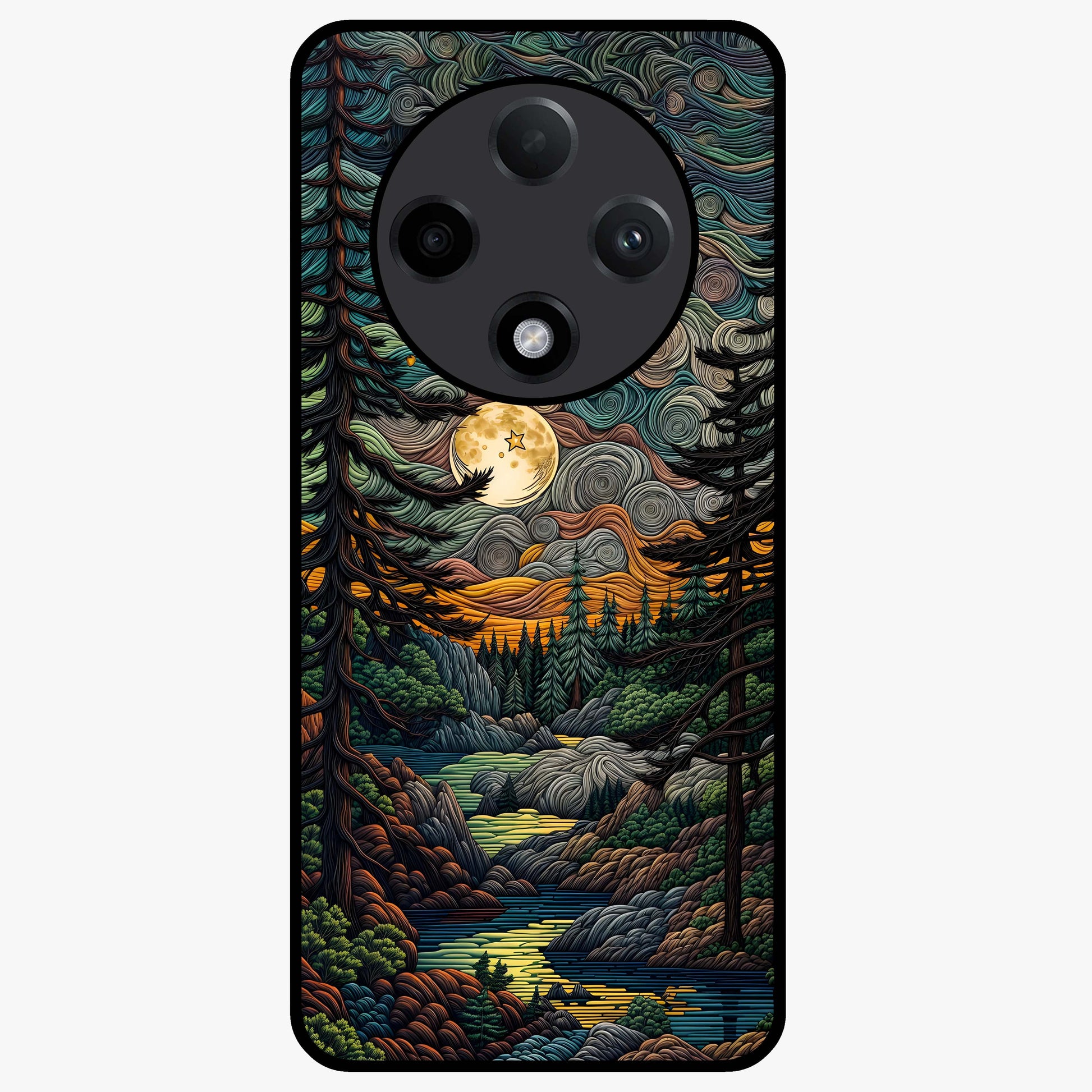 Moonlight Forest Dream Glass Case showing flat back view with mystical forest moonlight artwork and glossy glass finish.