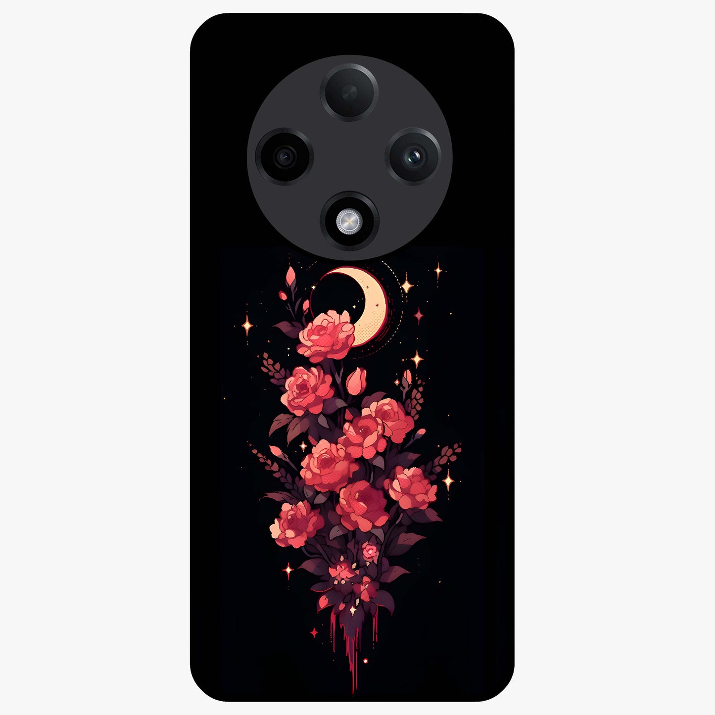 Moonlit Floral Elegance Glass Case showing flat back view with elegant floral artwork under moonlit tones and glossy glass finish.
