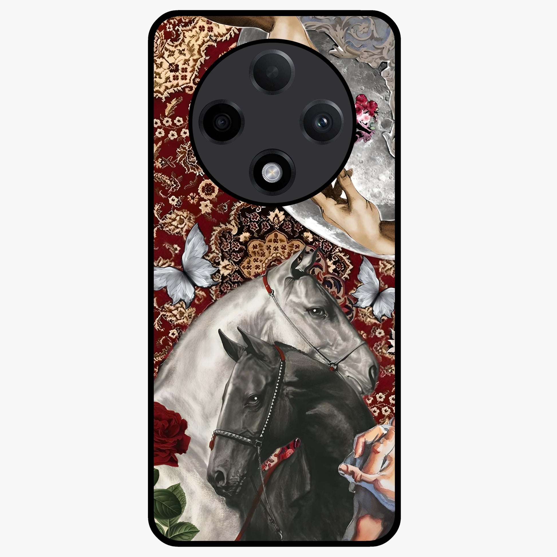 Moonlit Royal Stallion Glass Case showing flat back view with majestic horse under moonlight artwork and glossy glass finish.