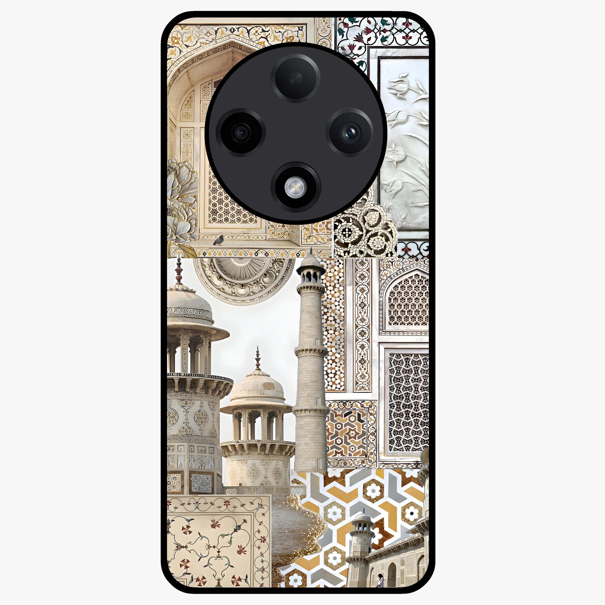 Mughal Marble Legacy Glass Case showing flat back view with intricate Mughal inspired marble pattern and glossy glass finish.