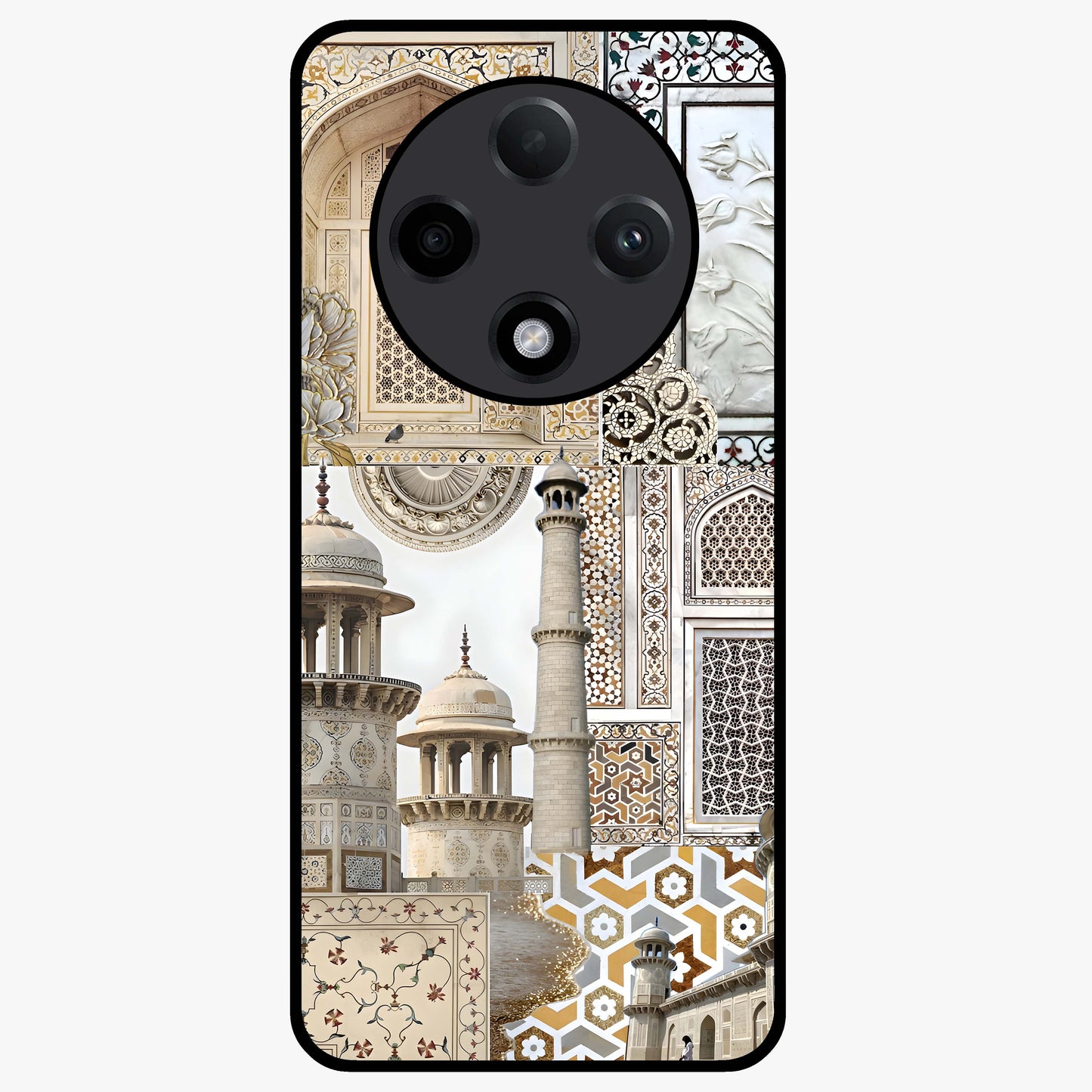 Mughal Marble Legacy Glass Case showing flat back view with intricate Mughal inspired marble pattern and glossy glass finish.