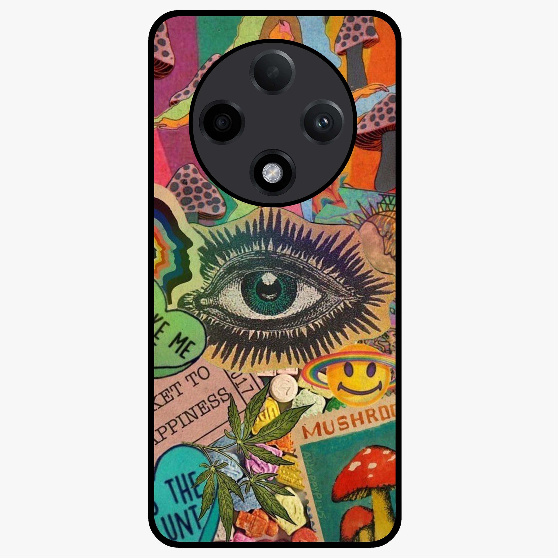 Mystic Eye Wonderland Glass Case showing flat back view with mystical eye themed artwork and glossy glass finish.