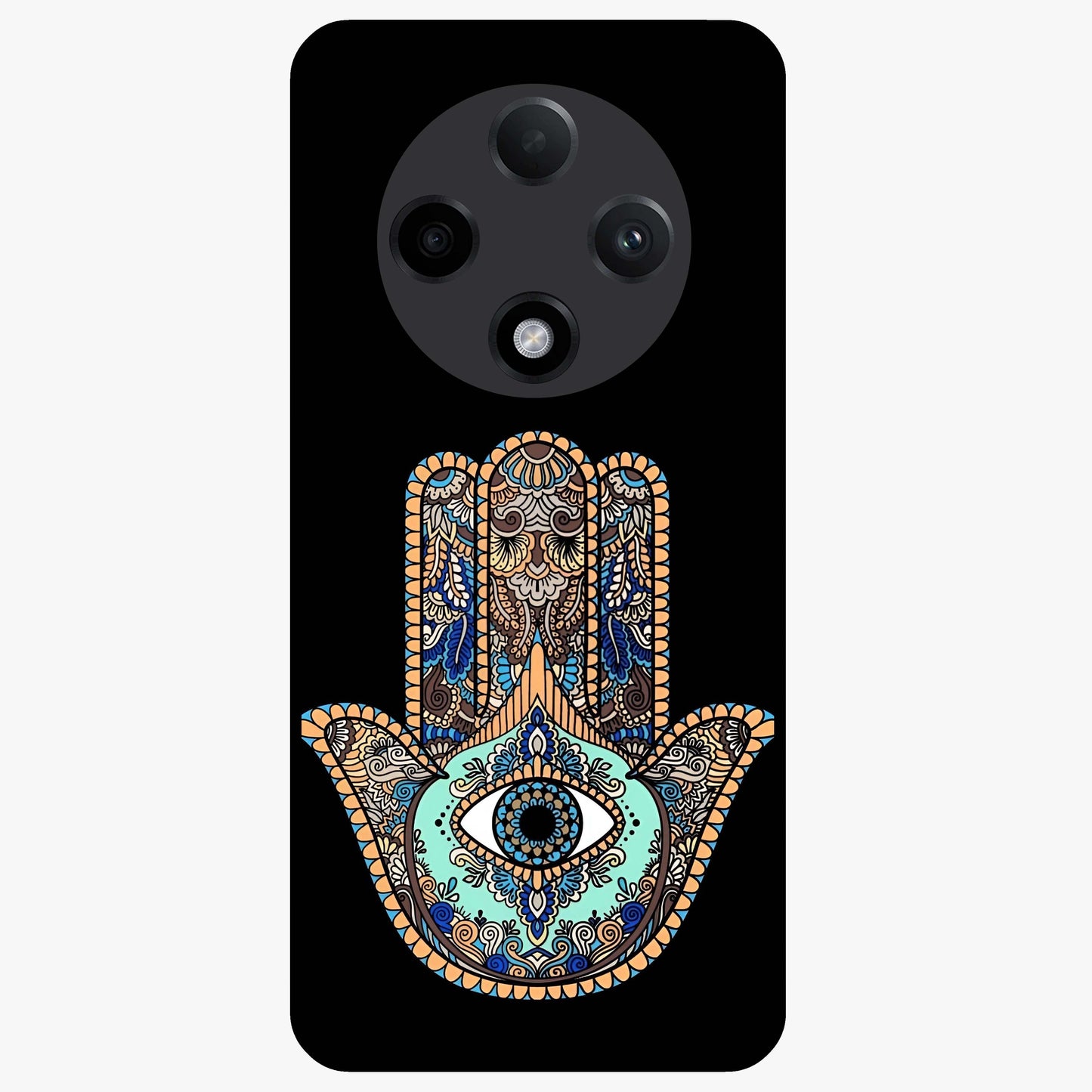 Mystic Hamsa Eye Glass Case showing flat back view with protective hamsa hand and evil eye artwork and glossy glass finish.