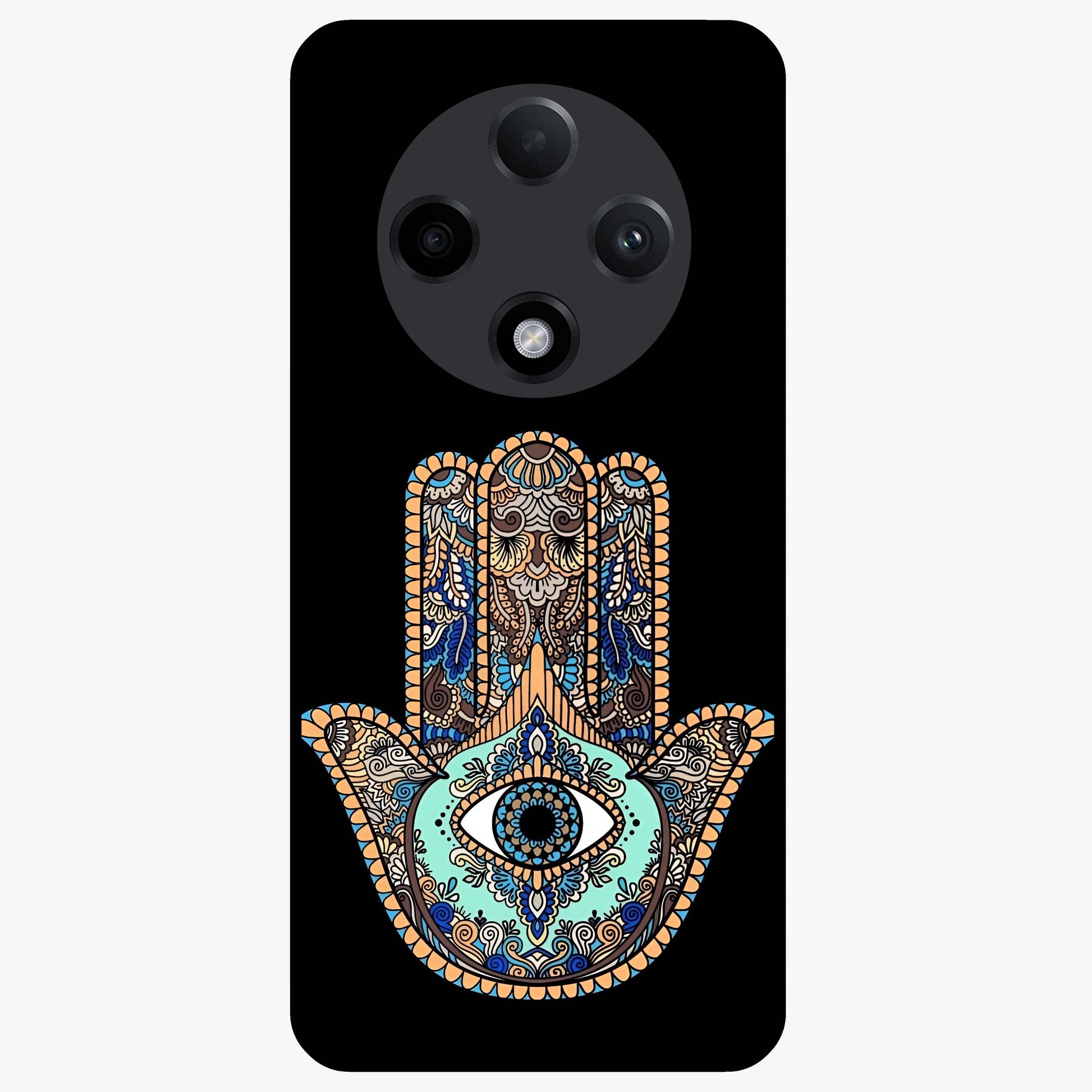 Mystic Hamsa Eye Glass Case showing flat back view with protective hamsa hand and evil eye artwork and glossy glass finish.