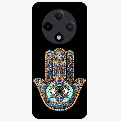 Mystic Hamsa Eye Glass Case showing flat back view with protective hamsa hand and evil eye artwork and glossy glass finish.