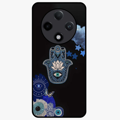 Mystic Hand Aura Glass Case showing flat back view with mystical hand symbol artwork and glossy glass finish.