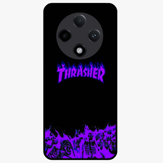 Neon Flame Riot Glass Case showing flat back view with neon flame artwork and glossy glass finish.