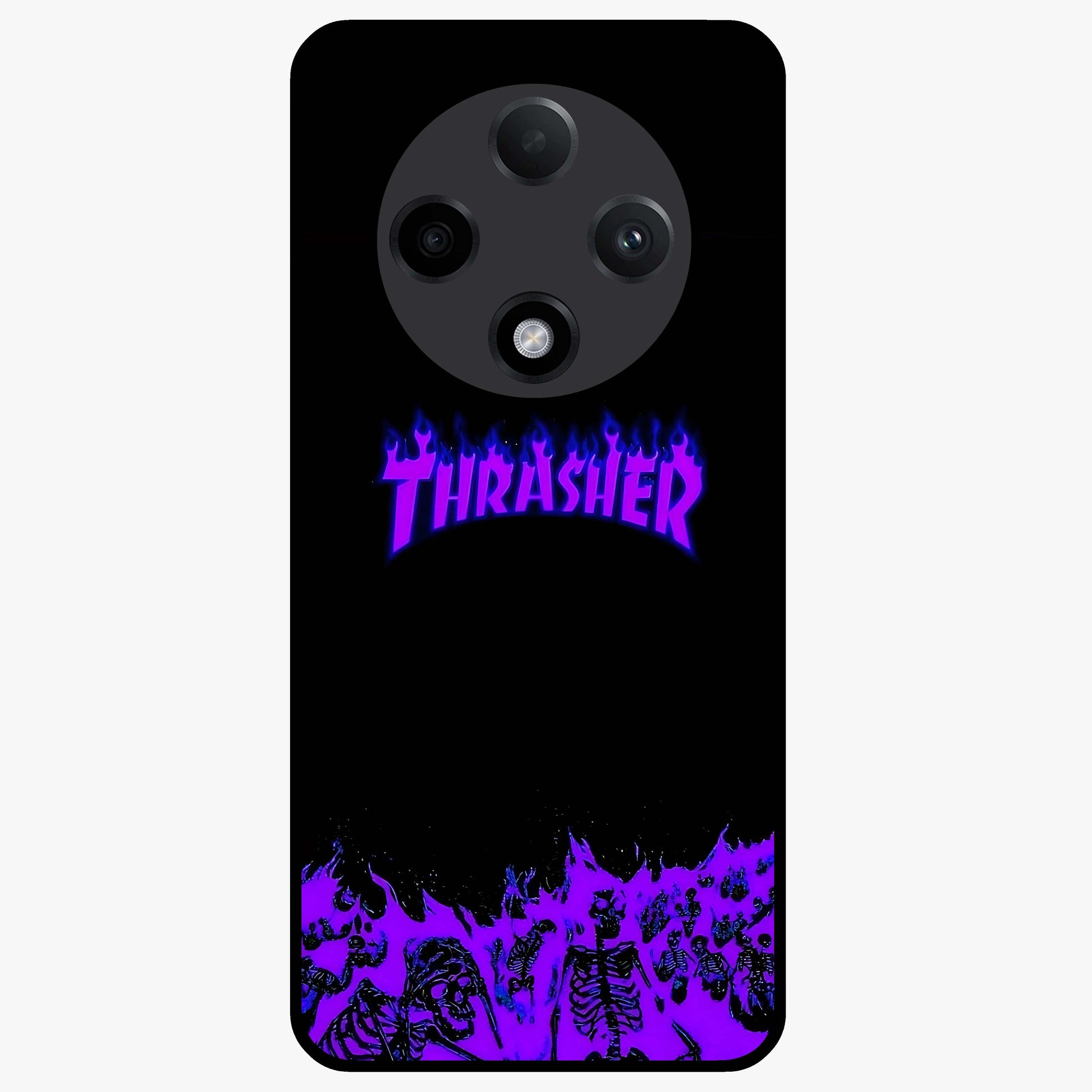 Neon Flame Riot Glass Case showing flat back view with neon flame artwork and glossy glass finish.