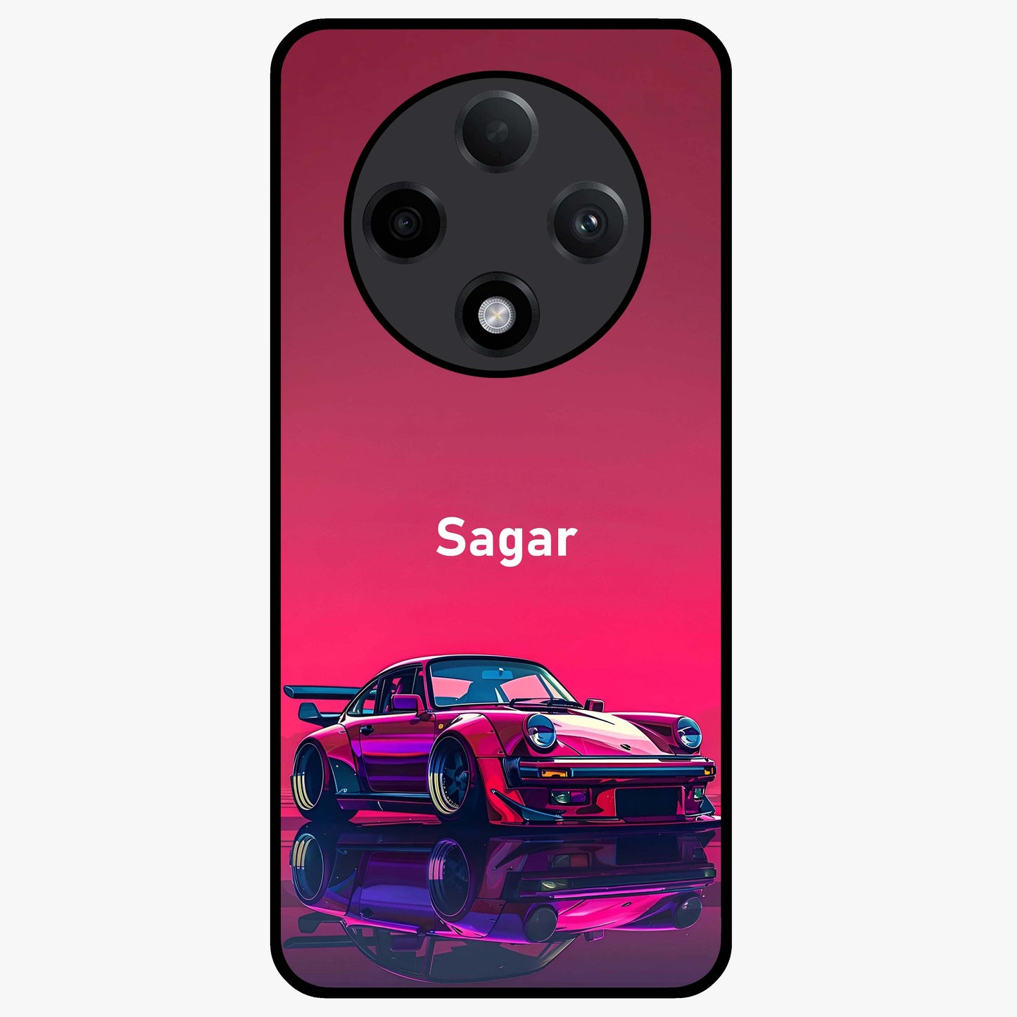 Neon Pink Porsche Glass Case showing flat back view with stylish sports car artwork and glossy glass finish.
