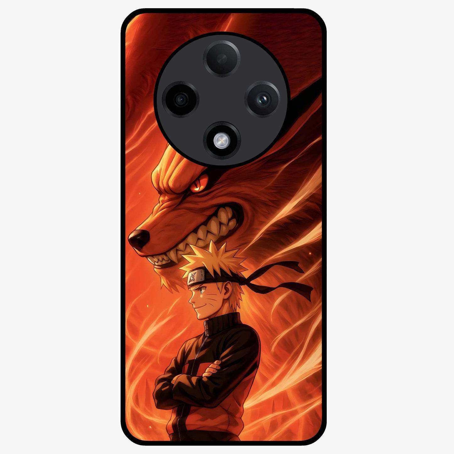Nine Tails Legacy Glass Case showing flat back view with powerful nine-tailed fox inspired artwork and glossy glass finish.