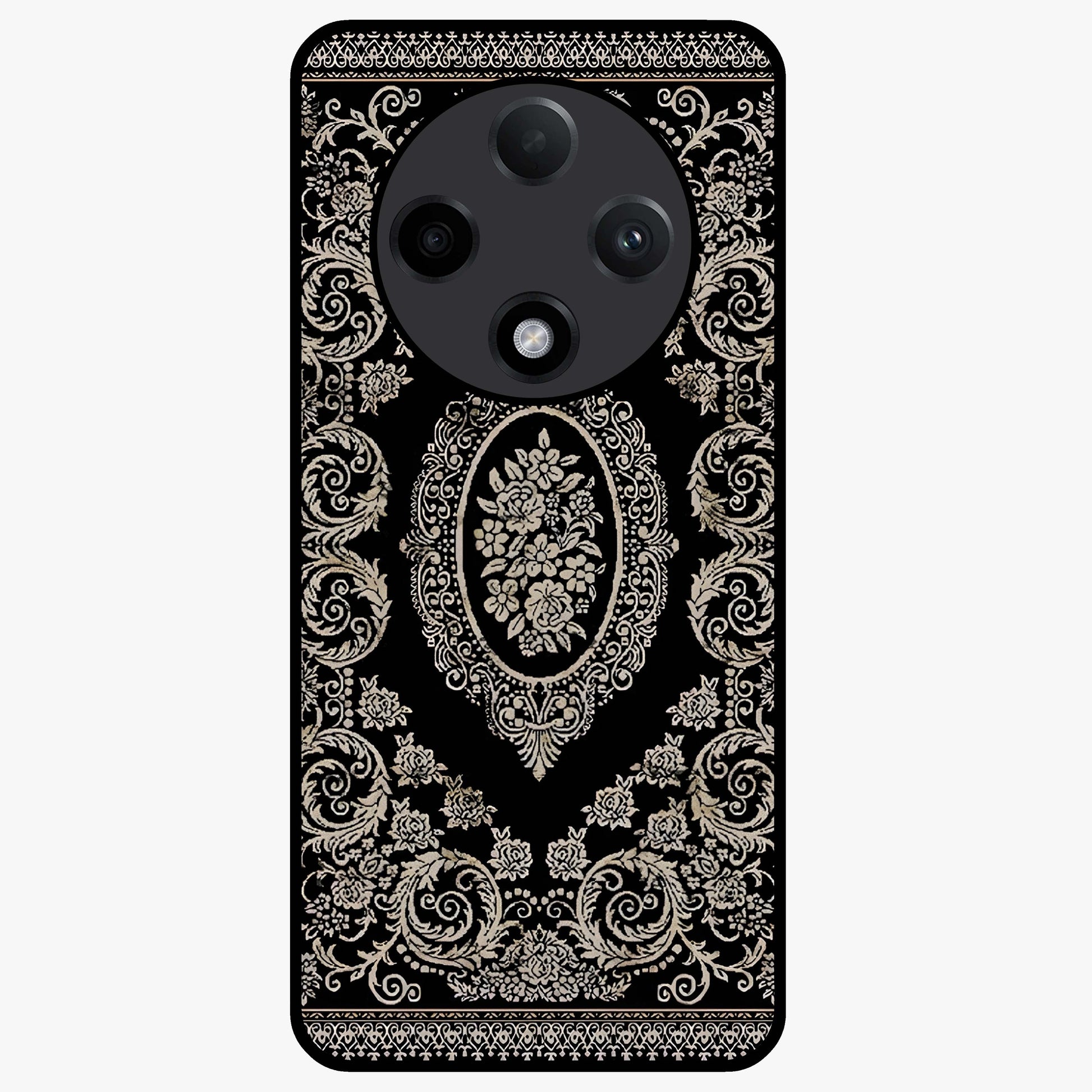 Noir Bloom Elegance Glass Case showing flat back view with elegant dark floral artwork and glossy glass finish.