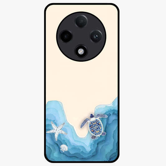 Ocean Drift Turtle Glass Case showing flat back view with sea turtle artwork and glossy glass finish.
