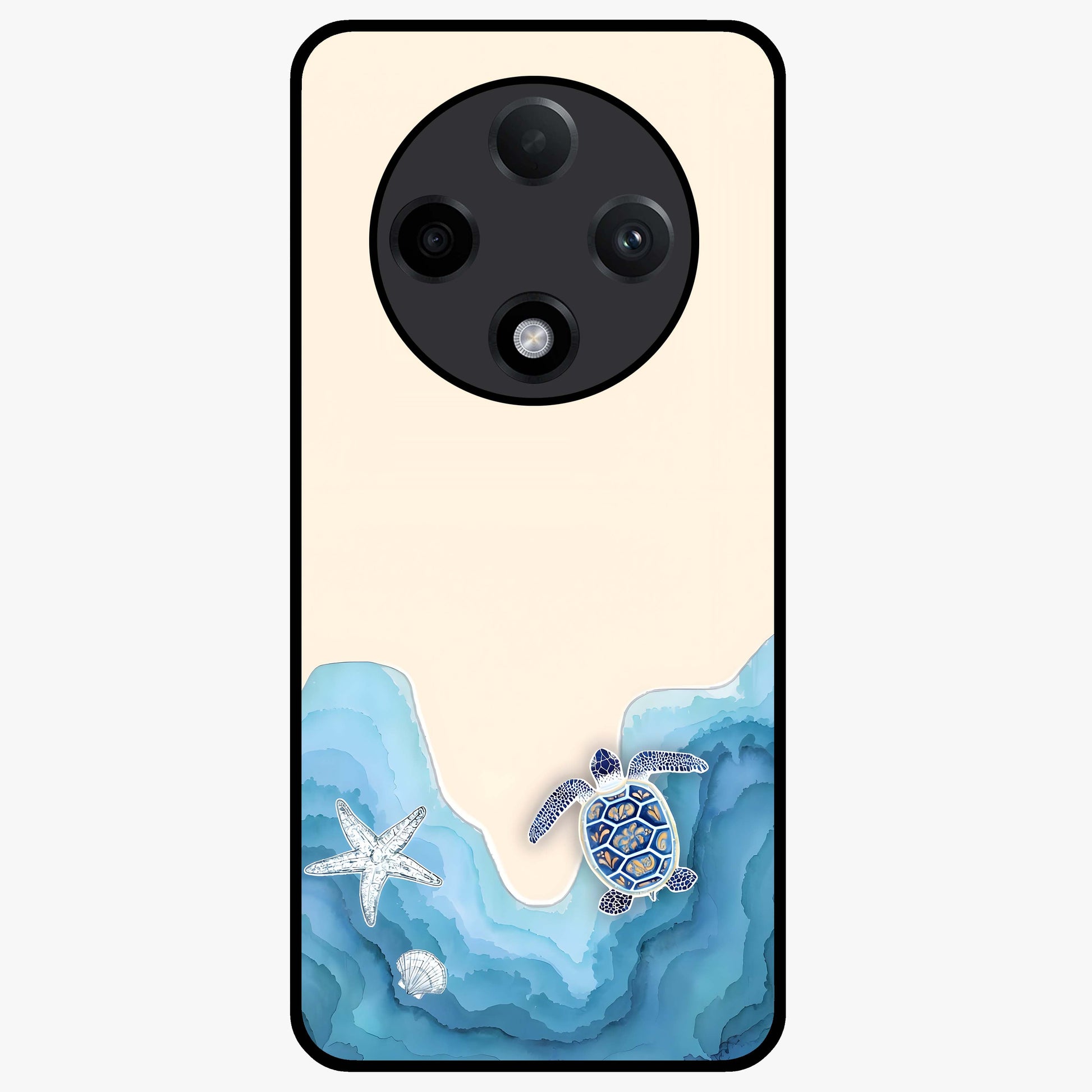 Ocean Drift Turtle Glass Case showing flat back view with sea turtle artwork and glossy glass finish.